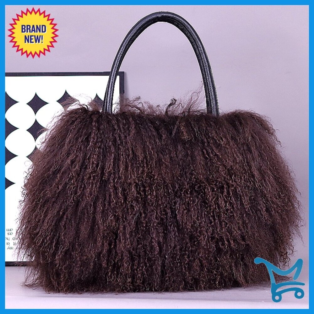 Real Lamb Fur Tote Bag with Genuine Leather Handles, Large Capacity - Picture 7 of 7